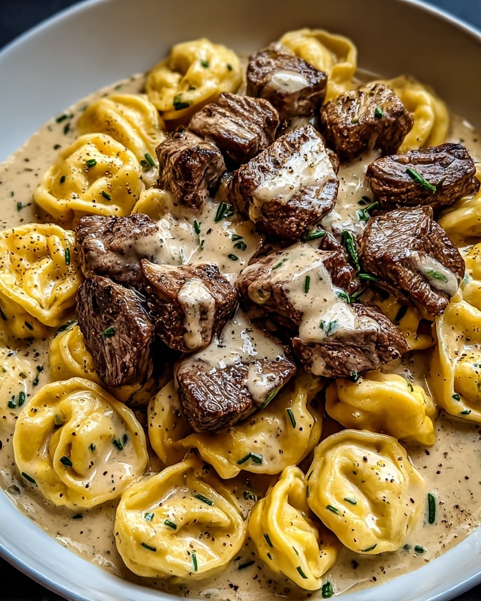 A white plate filled with a creamy beige sauce as the base layer, dotted with finely chopped green herbs throughout. On top, there is a generous layer of golden yellow tortellini pasta, each piece smooth and plump with visible folds, arranged evenly around the plate. Resting on the pasta is a layer of browned, juicy beef cubes with a seared texture and slight grill marks. The beef is coated with a glossy drizzle of the creamy sauce, adding a shiny, rich appearance. Small black pepper specks are scattered over the whole dish, enhancing its texture and color contrast. photo taken with an iphone --ar 4:5 --v 7