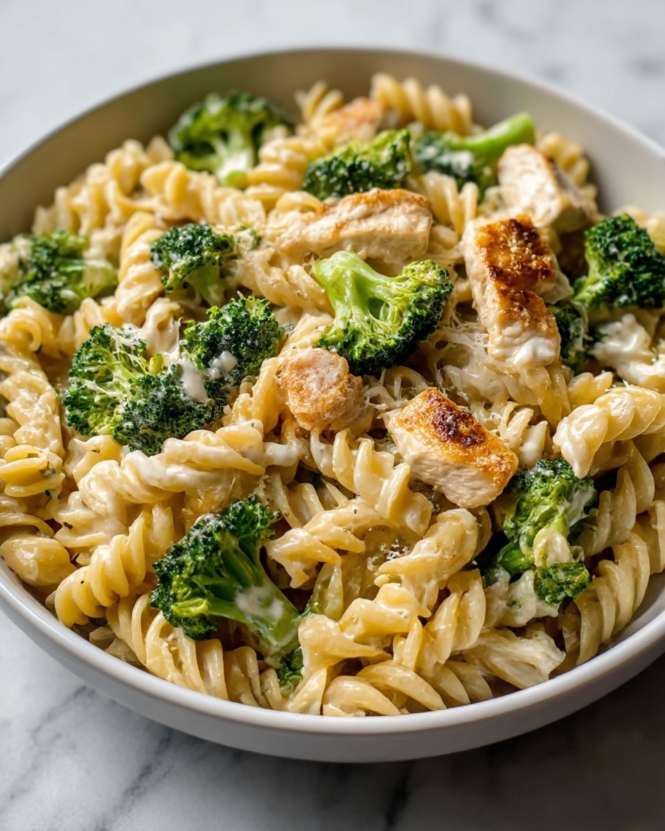 A white bowl filled with twisted rotini pasta coated in creamy white sauce, mixed with bright green broccoli florets scattered evenly throughout. Small, browned pieces of grilled chicken are layered on top and within the pasta, giving a slight golden color contrast. The textures show the pasta spiral ridges, tender broccoli, and slightly crisp chicken. The bowl sits on a white marbled surface. photo taken with an iphone --ar 4:5 --v 7