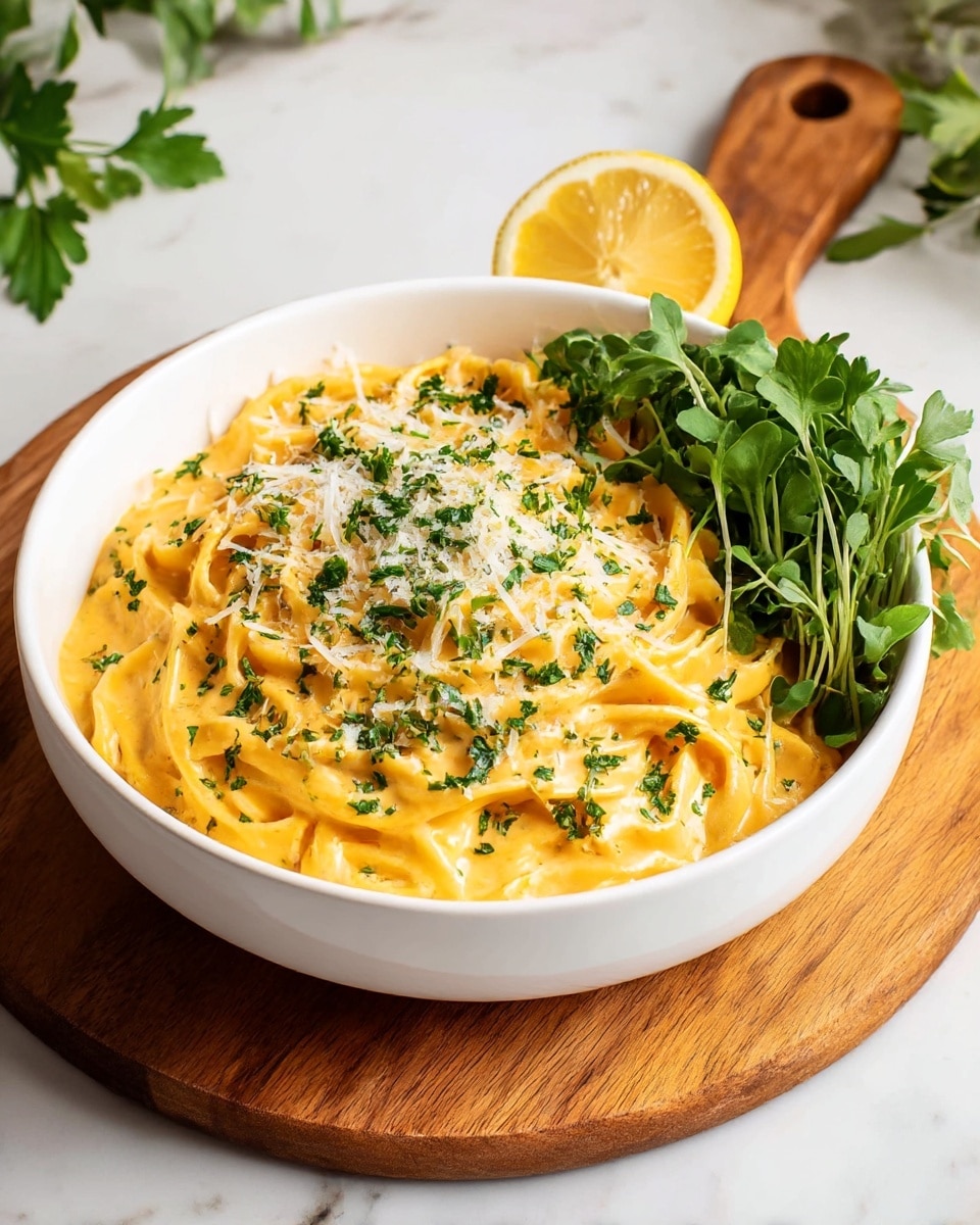 This dish shows a bowl of creamy pasta with two main layers: the bottom layer is light yellow cooked pasta coated in a smooth creamy orange sauce, and the top layer is sprinkled with grated white cheese and chopped green parsley. On one side of the bowl, there are fresh green microgreens, and a half slice of yellow lemon sits tucked behind the greens. The white bowl sits on a round wooden board with a handle, placed on a white marbled surface with some green leaves in the background. photo taken with an iphone --ar 4:5 --v 7