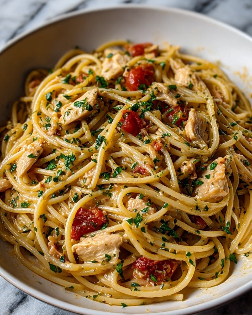 A close-up view of a white bowl filled with a pasta dish consisting of long, thick spaghetti noodles coated in a light golden sauce. Mixed throughout are pieces of cooked chicken, which are light brown with slight charring. There are also small chunks of red tomatoes scattered around, adding a splash of color. Finely chopped green parsley is spread evenly over the dish, adding freshness and contrast. The noodles and toppings are slightly glossy, showing the sauce's smooth texture. The bowl sits on a surface with a white marbled texture. photo taken with an iphone --ar 4:5 --v 7