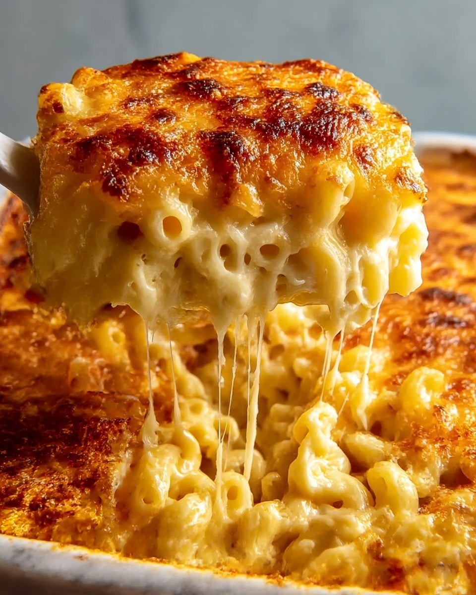 A close-up view of a baked macaroni and cheese dish with a thick, golden-brown crispy cheese crust on top. The top layer is bubbly and browned with some darker spots, showing a crunchy texture. Below that, there is a creamy layer of melted cheese mixed with elbow macaroni noodles that look soft and coated with sauce. The lifted portion reveals gooey, stretchy melted cheese strings pulling apart between the layers of pasta. The dish sits on a white marbled surface, with a white utensil partly visible holding up the cheese pull. photo taken with an iphone --ar 4:5 --v 7
