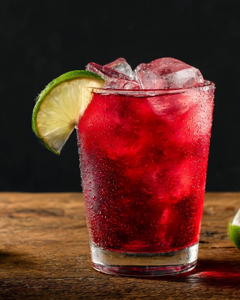 A clear glass filled with a bright red drink, packed with several large ice cubes that give a frosty texture inside. On the top edge of the glass, there is a wedge of lime with a light green peel and pale yellow-green flesh. The glass has droplets of condensation all over, showing the coldness of the drink. The background is a dark color, and the glass sits on a wooden surface with a rough texture. photo taken with an iphone --ar 4:5 --v 7