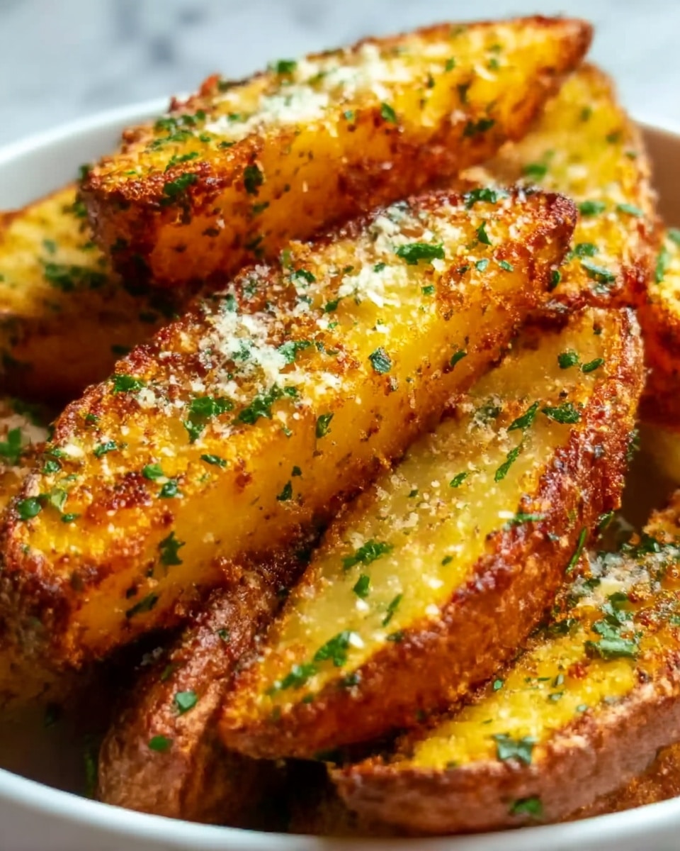 The image shows golden brown potato wedges with a crispy texture, each wedge lightly coated with a mix of spices and minced herbs. The wedges have a rough, crunchy outer layer speckled with green parsley and fine grated cheese on top. They are stacked closely together in a white bowl, with the inside of the wedges showing soft, warm yellow potato. The background is a white marbled texture. photo taken with an iphone --ar 4:5 --v 7