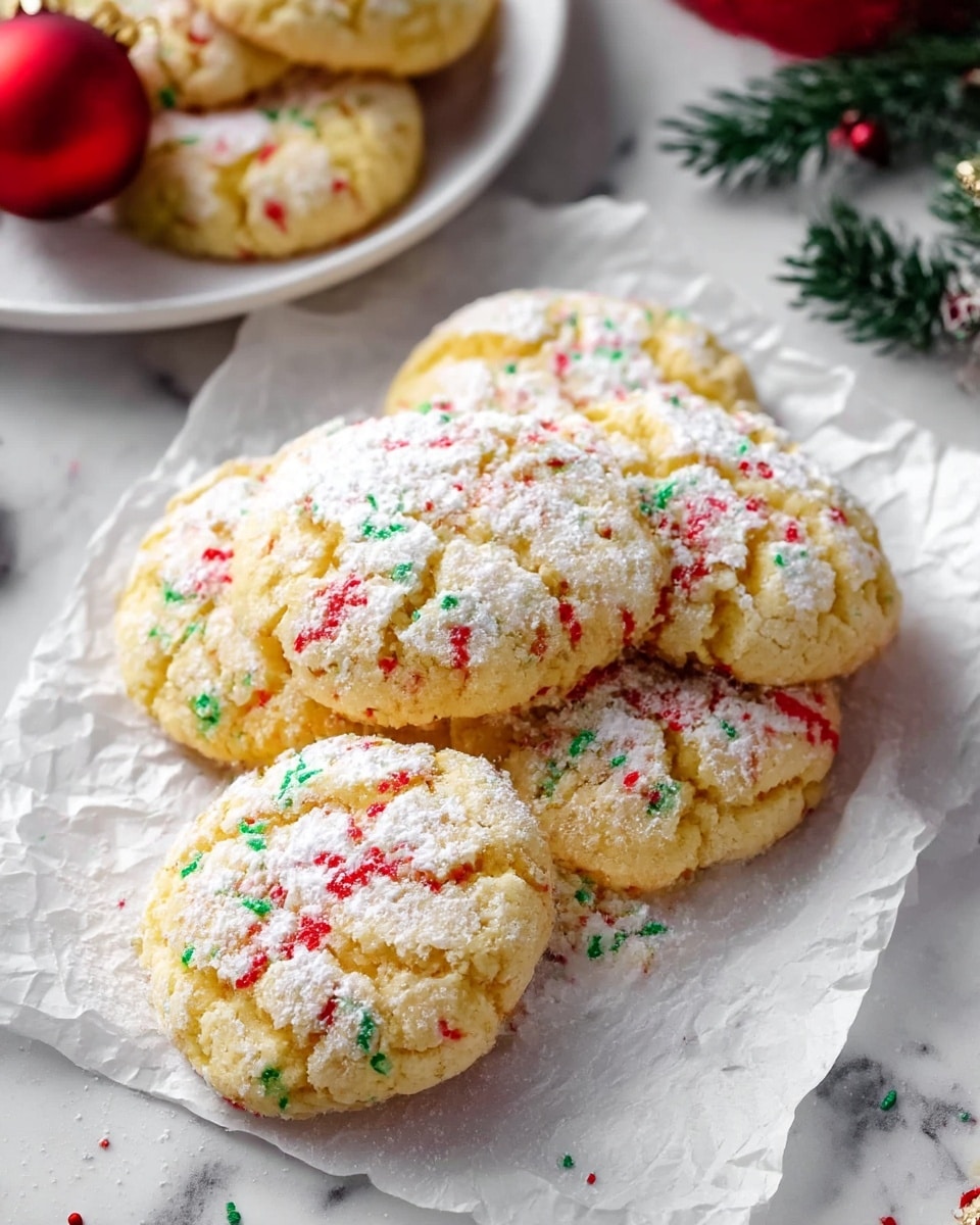The image shows six round cookies with cracked tops, dusted with white powdered sugar. The cookies have colorful red, green, and white sprinkles mixed throughout their pale yellow dough. The cookies are placed on crumpled white parchment paper, resting on a white marbled surface. In the background, part of a white plate with more cookies is visible along with a small green pine branch and a red Christmas ornament. Photo taken with an iphone --ar 4:5 --v 7