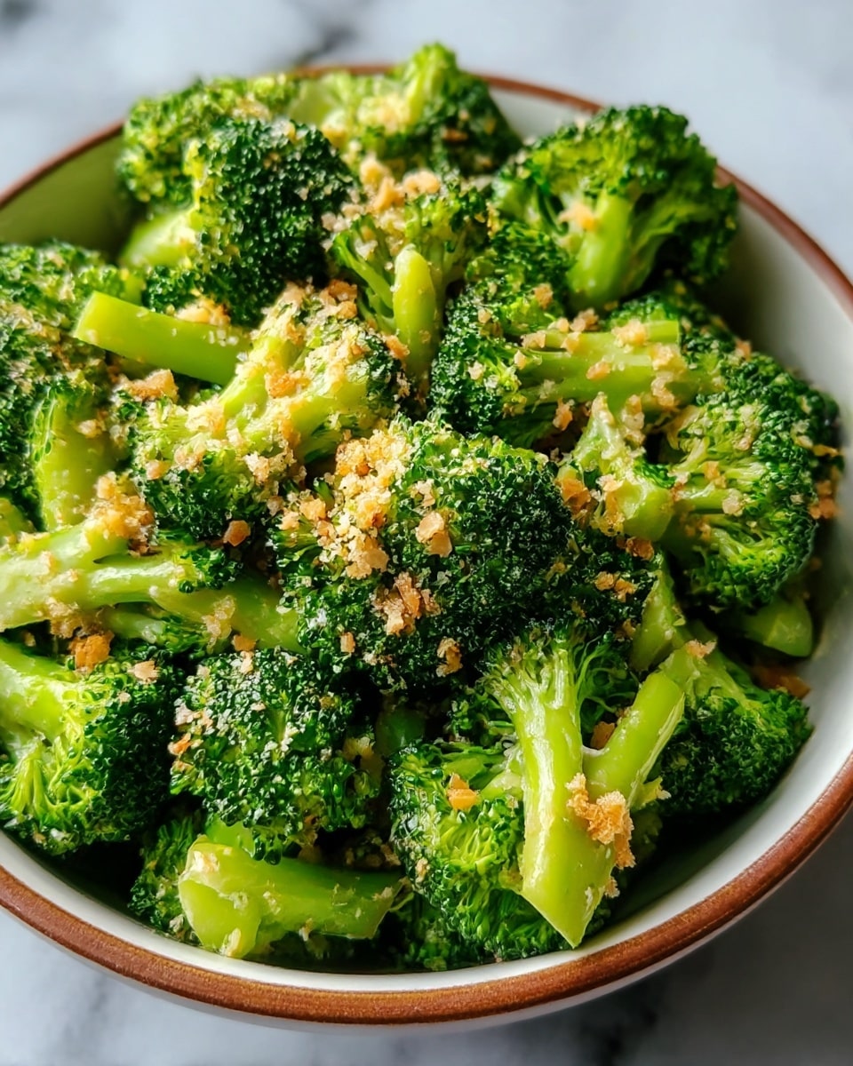 A close-up of a bowl filled with bright green steamed broccoli florets, each piece coated with small bits of a light brown crumbly topping, giving a textured look. The broccoli florets are arranged tightly, showing their dense clusters and stems, and the bowl is white with a visible brown edge. The background has a white marbled texture, making the colors of the broccoli pop. Photo taken with an iphone --ar 4:5 --v 7