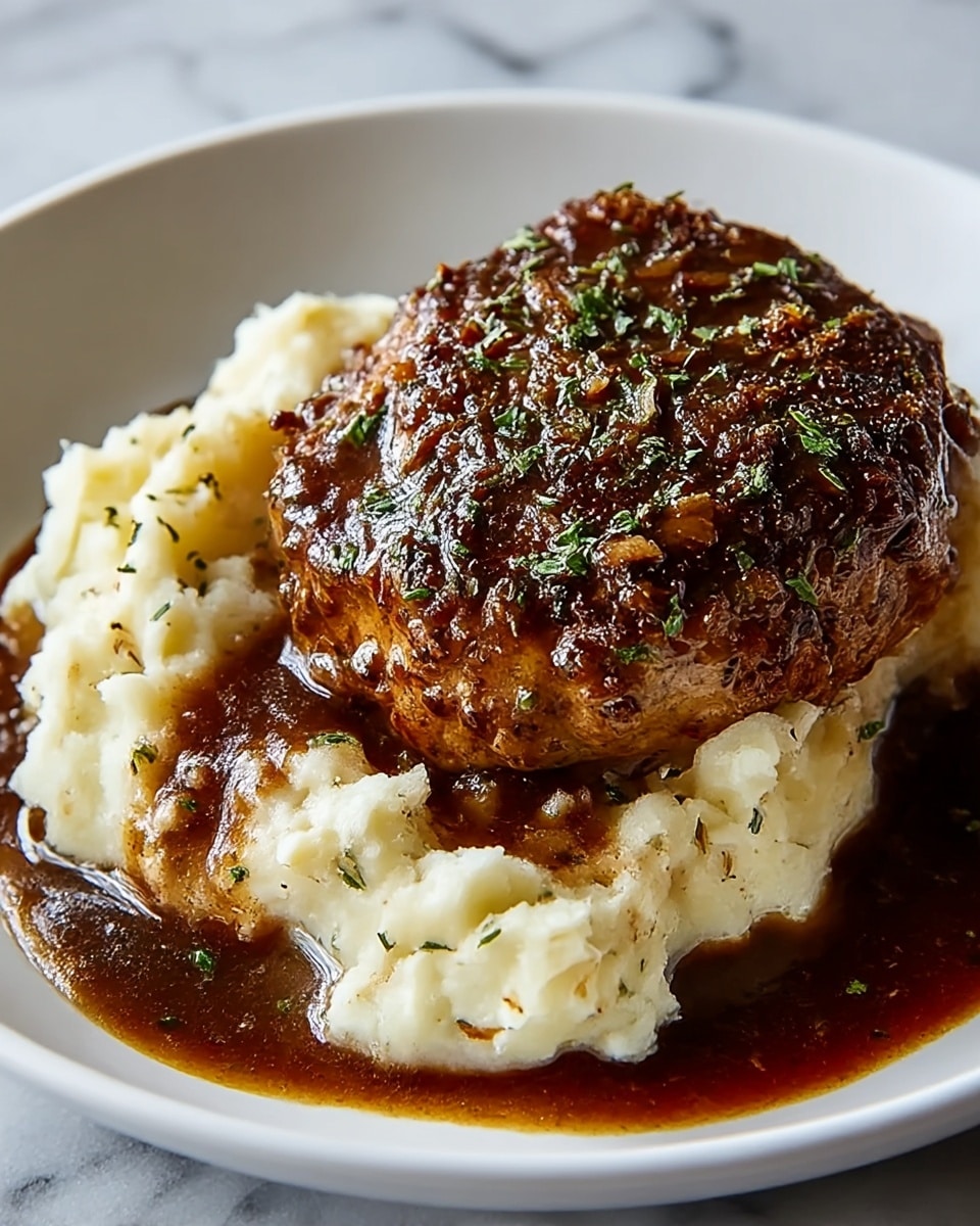 A white plate holds a dish with two main layers; the bottom layer is creamy mashed potatoes with a soft, smooth texture and small bits of herbs mixed in, while the top layer is a thick, dark brown meat patty covered in a rich, shiny gravy. The meat is seasoned with visible crispy bits and small green herb pieces sprinkled over it, making the surface look textured and slightly crusty. The gravy spills slightly over the mashed potatoes, creating a moist and flavorful look. The background is a white marbled surface. photo taken with an iphone --ar 4:5 --v 7