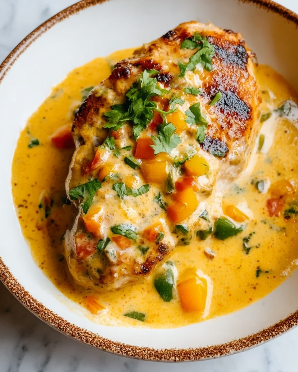 A close-up view of a grilled chicken breast covered in a creamy orange-yellow sauce with small bits of green, orange, and yellow bell peppers. The chicken shows a slight char with brown grill marks, and it's topped with fresh green herbs, possibly cilantro. The sauce surrounds the chicken, pooling slightly at the base, and has a smooth, rich texture with some visible oil. The dish is served in a white plate with a rough, speckled brown rim, placed on a white marbled surface. photo taken with an iphone --ar 4:5 --v 7