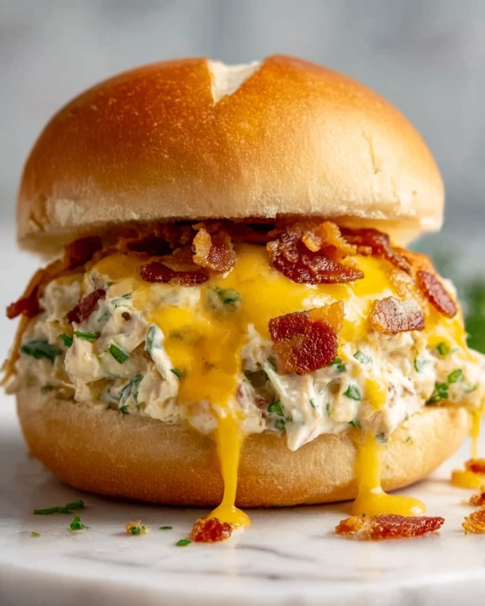 A close-up view of a sandwich with a soft, light brown bun on top. Inside, there are two main layers: the bottom layer has a creamy chicken salad mixed with herbs, showing white and green colors with a soft texture; the top layer is melted, bright yellow cheese that drips down the sides. Small pieces of crispy reddish-brown bacon are sprinkled over the cheese, adding texture. The sandwich sits on a clean white marbled surface. Photo taken with an iphone --ar 4:5 --v 7