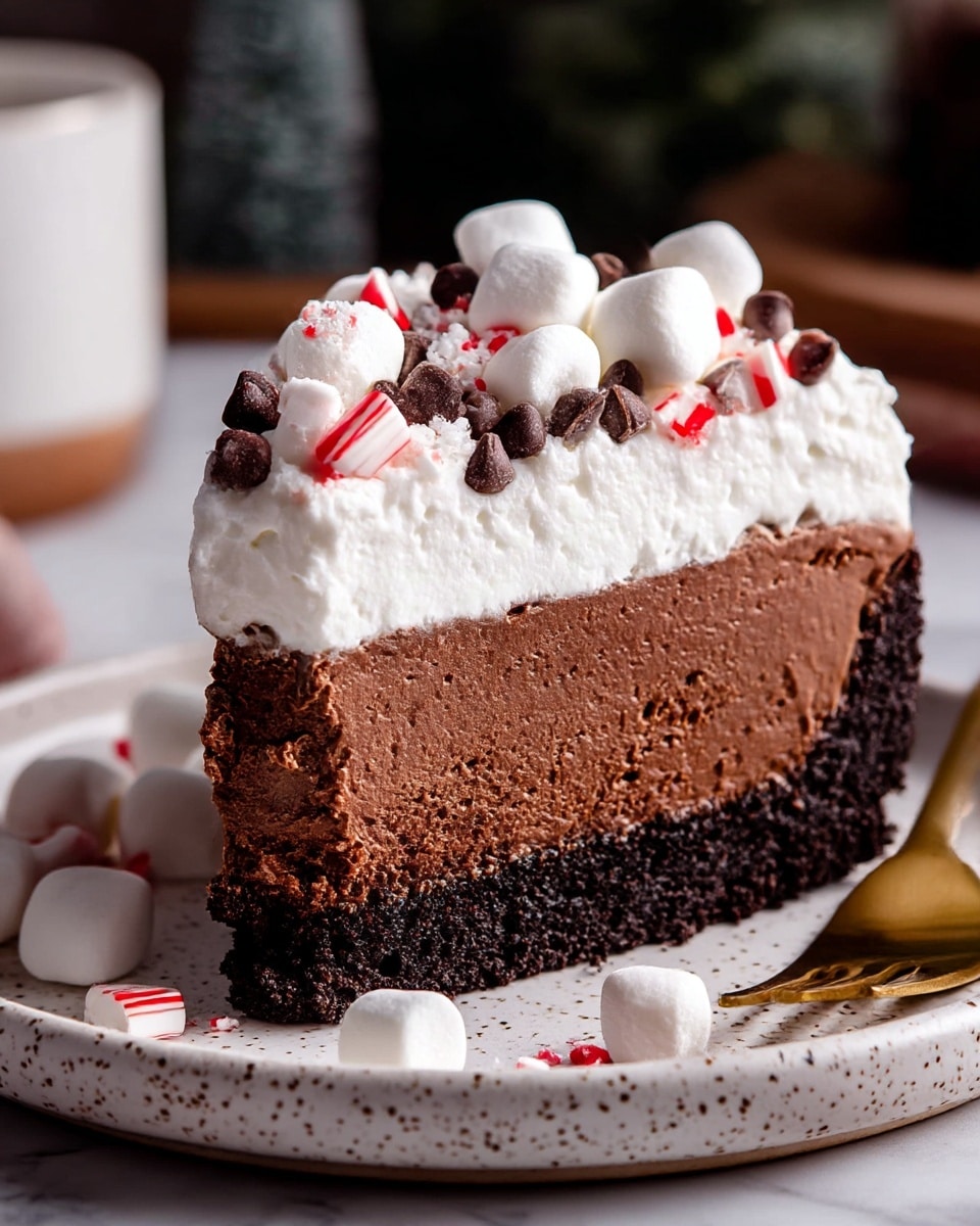 A slice of rich chocolate cake with three clear layers sits on a white speckled plate on a white marbled surface. The bottom layer is dark and crumbly like a cookie crust, followed by a thick middle layer of soft, creamy chocolate mousse. On top of that is a thick white whipped cream layer decorated with small marshmallows, chocolate chips, and tiny red and white candy pieces. Some marshmallows and crushed candy are scattered around the plate, with a golden fork resting beside it. Photo taken with an iphone --ar 4:5 --v 7