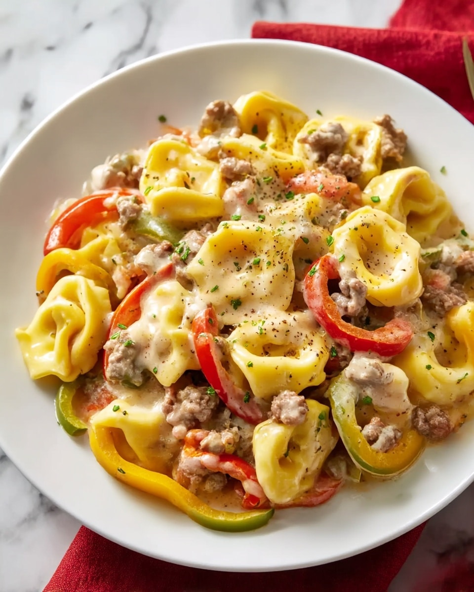 The dish shows a white plate filled with three main layers. The bottom layer is a mix of sliced red, yellow, and green peppers with cooked ground beef pieces. Above that, there is a layer of yellow cheese-filled tortellini pasta evenly spread out. The top layer is a creamy, light-colored sauce covering parts of the pasta and beef, with small green herb sprinkles and black pepper adding texture and color contrast. The plate sits on a white marbled surface with a red cloth partially visible at the side. Photo taken with an iphone --ar 4:5 --v 7