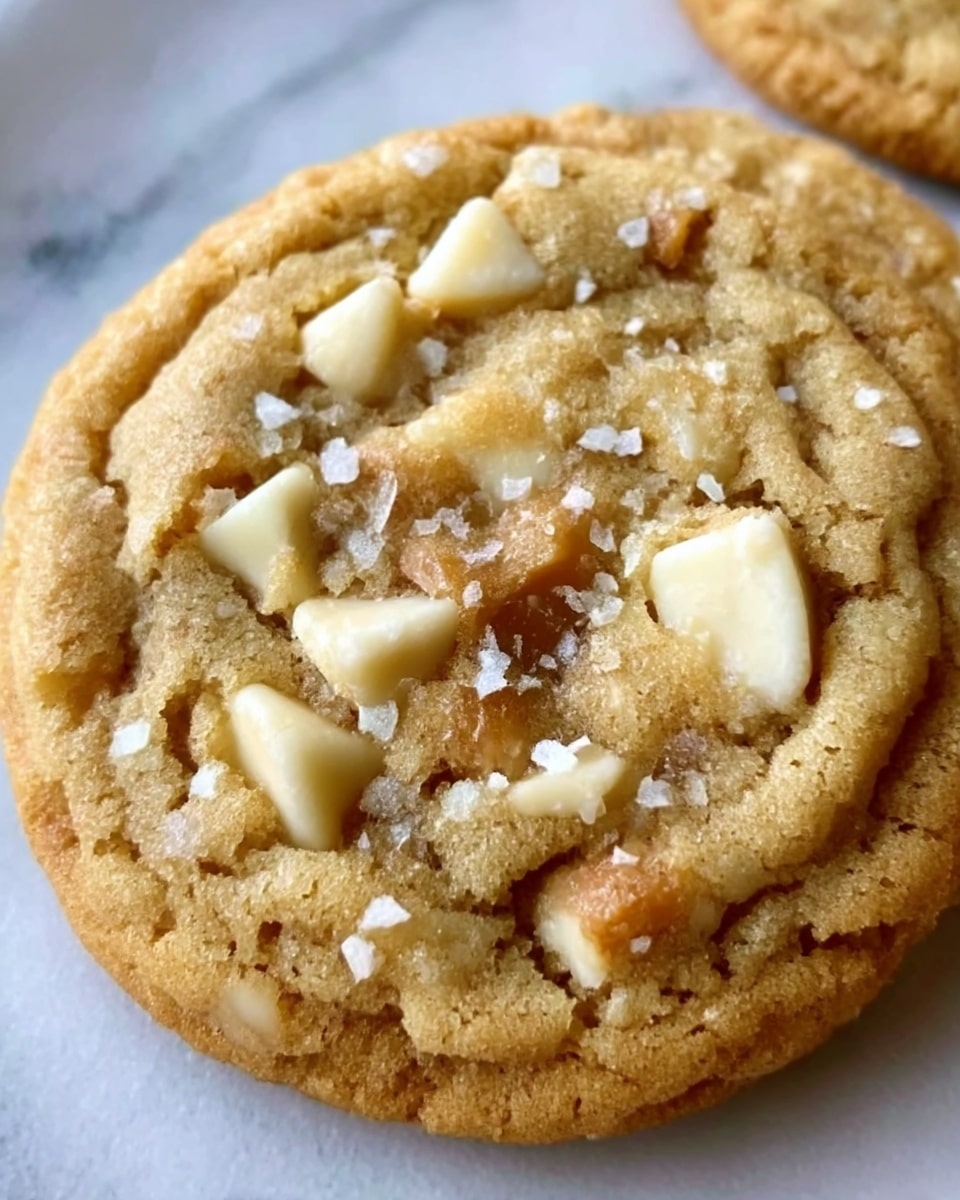 A close-up of a soft, thick cookie with a light golden-brown color. The cookie has a slightly cracked top and is filled with large white chocolate chunks and sprinkled with coarse salt flakes. The texture looks chewy and moist in the middle, with a slightly crisp edge. The background is a white marbled surface. The photo taken with an iphone --ar 4:5 --v 7