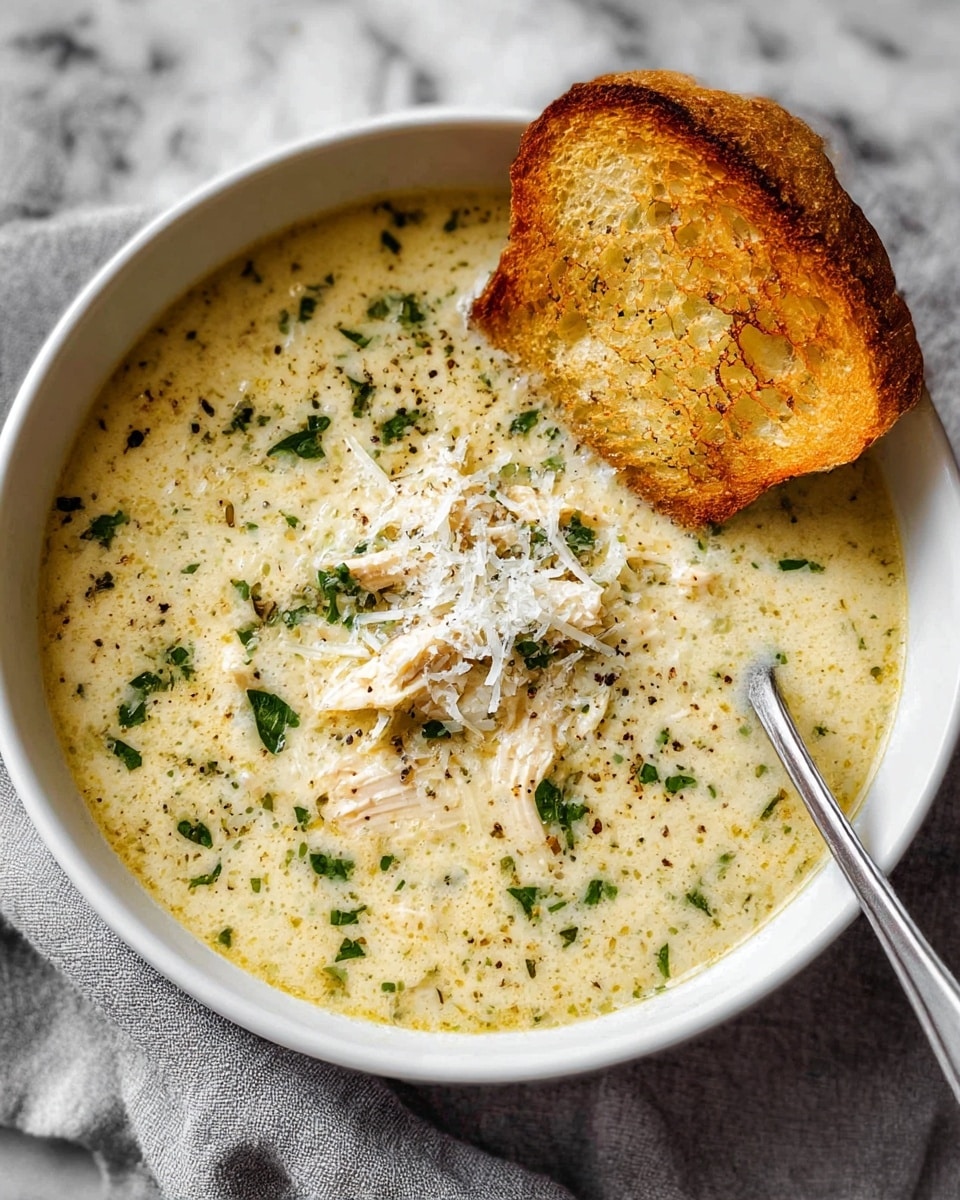 A white bowl filled with creamy light yellow soup, speckled with green herbs and small pieces of shredded chicken in the center, topped with grated white cheese and black pepper. A toasted golden-brown slice of bread partially dips into the soup on one side of the bowl. A silver spoon rests inside the bowl, against the edge. The bowl is placed on a soft gray cloth over a white marbled surface. photo taken with an iphone --ar 4:5 --v 7
