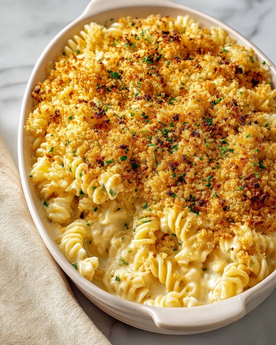 A close-up of a white oval baking dish filled with creamy macaroni and cheese made with spiral rotini pasta. The pasta is coated in a smooth, pale yellow cheese sauce, forming the first layer. On top, there is a thick covering of golden brown toasted breadcrumbs, sprinkled evenly with small green herb pieces. Some breadcrumb clusters are darker and crispier, providing a textured contrast. The dish sits on a white marbled surface with a light beige cloth partially visible to the left. Photo taken with an iphone --ar 4:5 --v 7