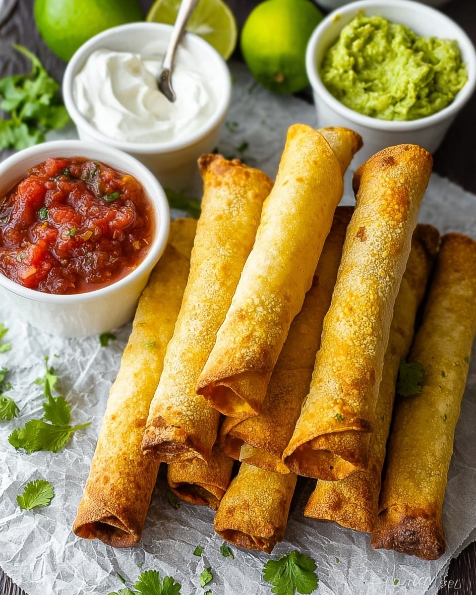 The image shows a white marbled surface covered with a piece of light gray parchment paper holding a pile of golden brown taquitos, each rolled tightly in crisp shells with textured, slightly bubbled surfaces. At the back, two halves of a green lime reveal their juicy, bright green interiors, with fresh cilantro leaves placed nearby. Three small white bowls are visible: one filled with chunky red salsa with bits of tomato and spices, another with thick green guacamole with a creamy rough texture, and the third containing smooth white sour cream with a spoon inside. Some small cilantro leaves are scattered around, adding a fresh touch. photo taken with an iphone --ar 4:5 --v 7