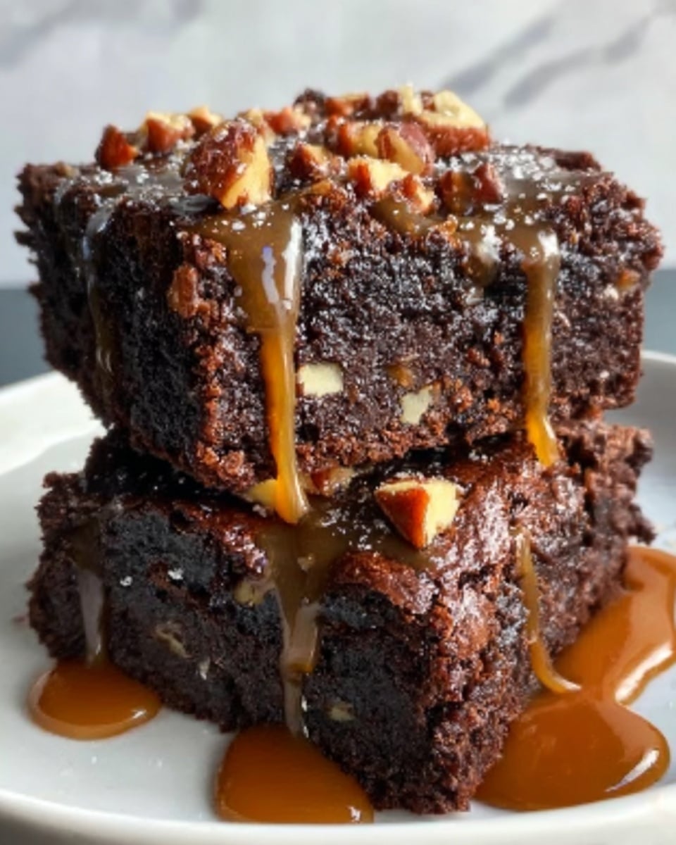 Two thick, dark brown brownies stacked on a white plate, showing a moist and dense texture with small chunks inside. The top brownie is covered in chopped nuts and gooey caramel sauce dripping down the sides, glistening under soft light. The background is a white marbled texture. Photo taken with an iphone --ar 4:5 --v 7