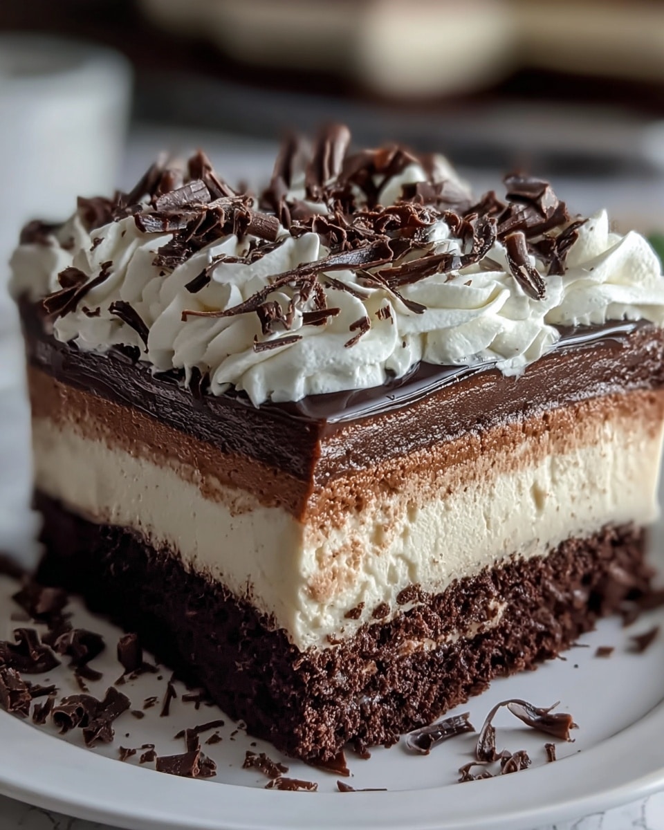 A close-up view of a layered chocolate dessert slice on a white plate placed on a white marbled surface. The dessert has five clear layers: a bottom dark chocolate cake layer, a light creamy layer above it, another dark chocolate cake layer, a thick creamy layer on top, and a thin shiny chocolate glaze layer above that. Swirls of white whipped cream with soft peaks cover the top, sprinkled with several curly dark chocolate shavings. Additional chocolate shavings are scattered around the plate, adding a decorative touch. photo taken with an iphone --ar 4:5 --v 7
