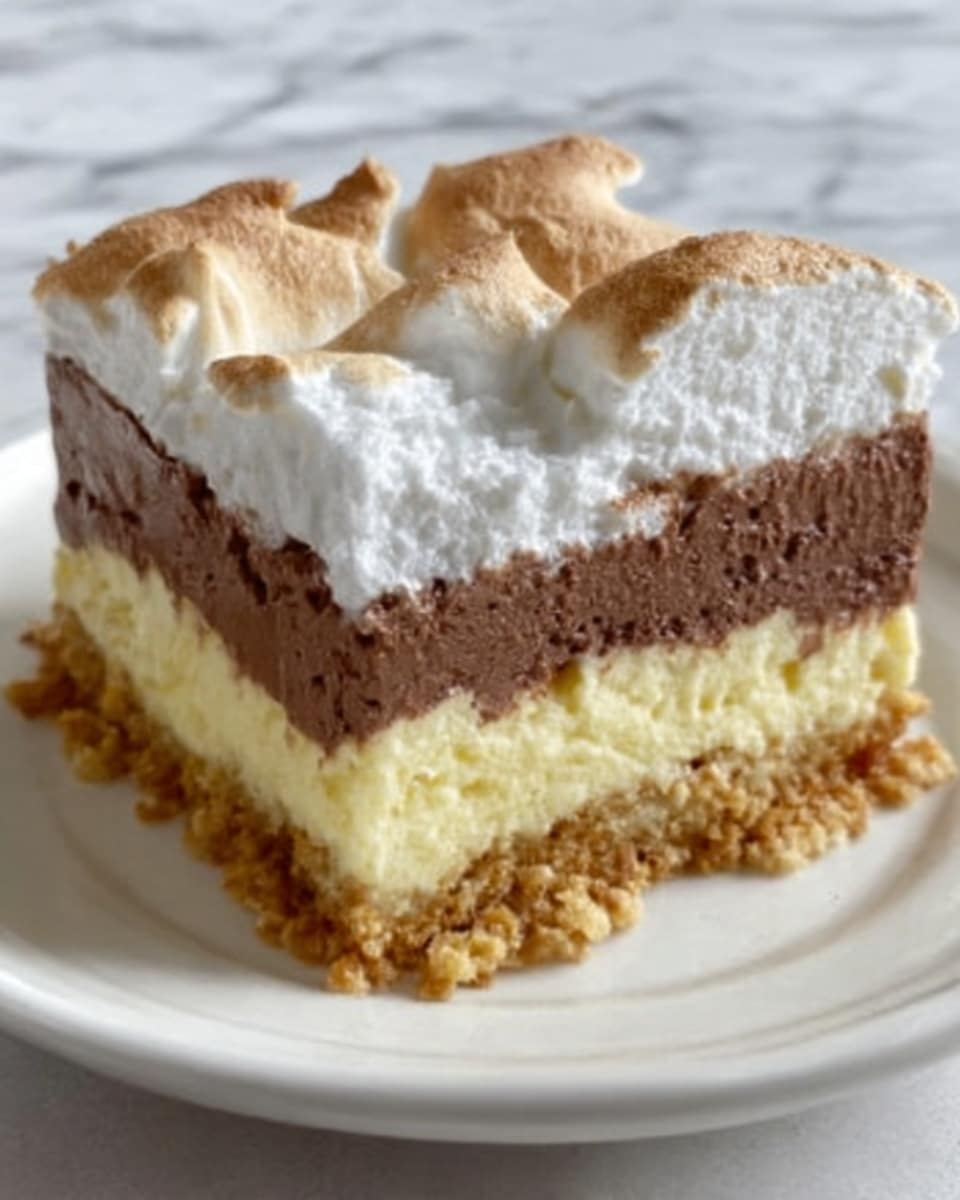 A square piece of layered dessert sits on a white plate, placed on a white marbled surface. The bottom layer is a crumbly golden crust, topped by a thick, smooth pale yellow layer. Above this is a rich, creamy chocolate layer that looks dense and dark brown. The top layer is a fluffy white meringue or whipped topping, lightly browned on the peaks. The edges of the dessert show all the layers clearly. Photo taken with an iphone --ar 4:5 --v 7