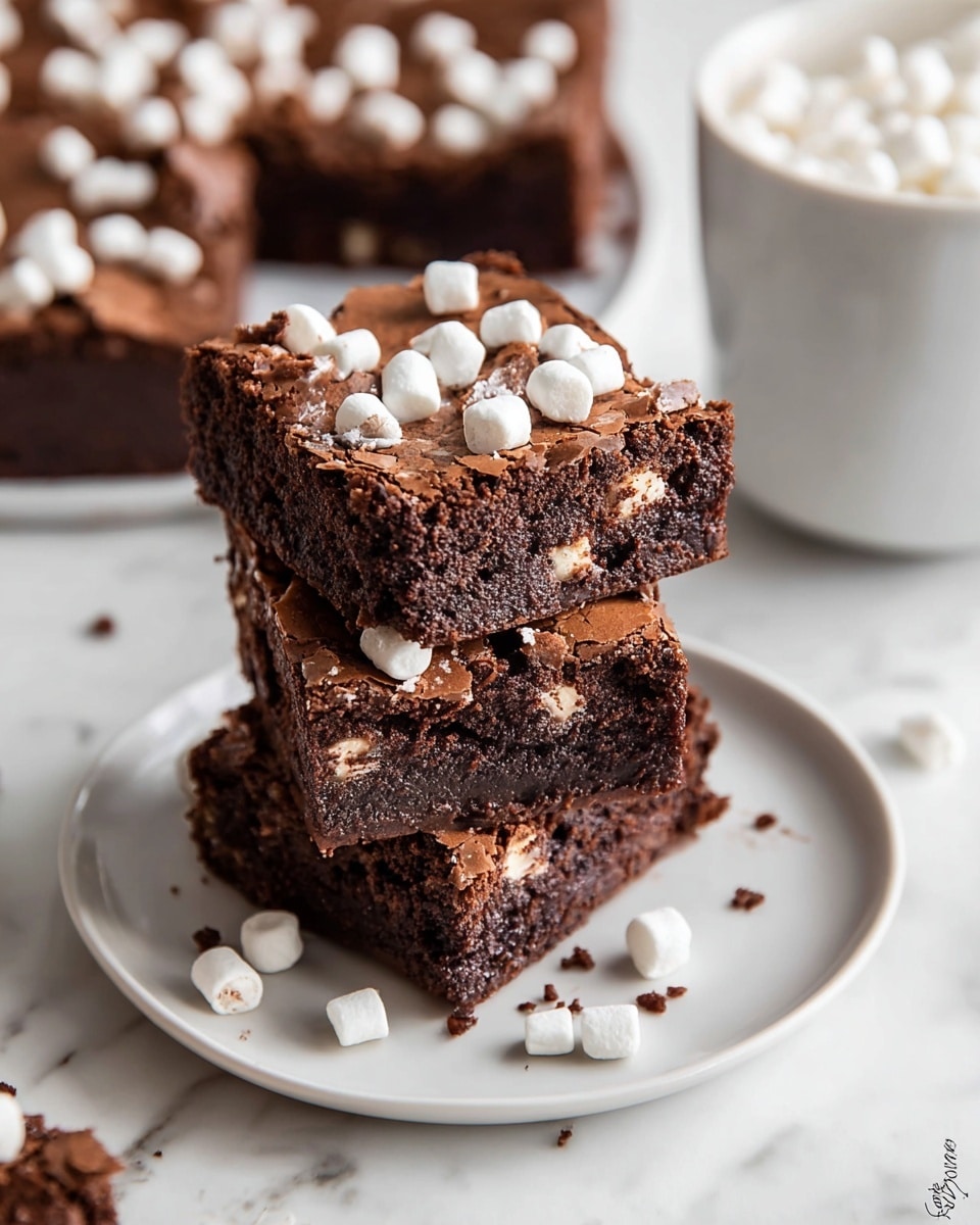 The image shows a stack of three rich, dark brown chocolate brownies on a white plate, each topped with small white mini marshmallows scattered unevenly across their cracked, shiny tops. The brownies have a dense and fudgy texture with a slightly crisp and flaky top layer. Around the plate, leftover mini marshmallows and crumbs are scattered on a white marbled surface. In the background, more brownies topped with marshmallows are visible, along with the edge of a white cup filled with mini marshmallows. photo taken with an iphone --ar 4:5 --v 7