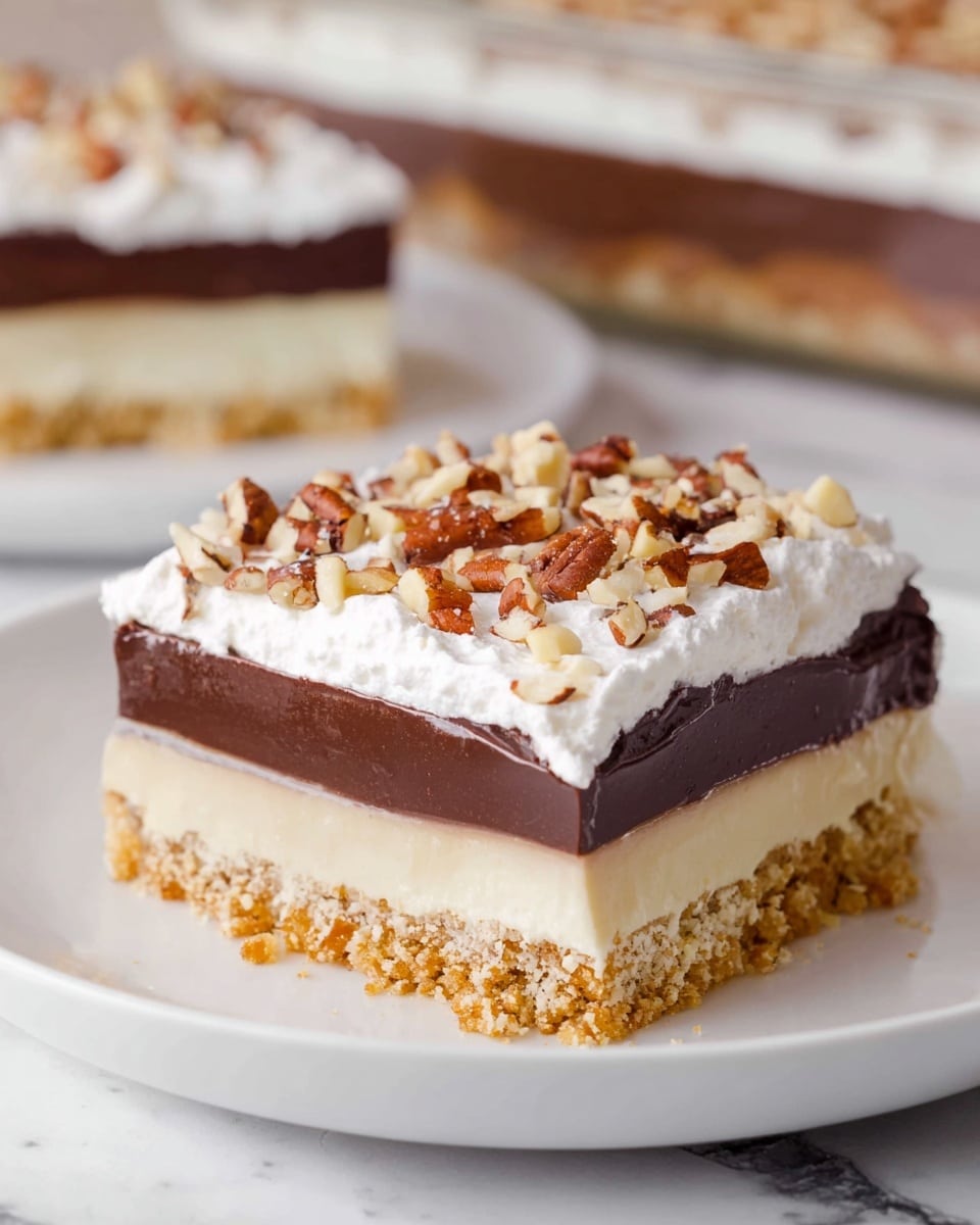 A square slice of dessert on a white plate has four distinct layers. The bottom layer is a crumbly, light brown crust with bits of nuts. Above it, there is a smooth, creamy light beige layer. The third layer is a rich, dark chocolate pudding, thick and glossy. The top layer is fluffy white whipped cream sprinkled with chopped nuts in light and dark brown shades. The background is a white marbled texture, and there is a larger dish of the same dessert blurred in the back. Photo taken with an iphone --ar 4:5 --v 7