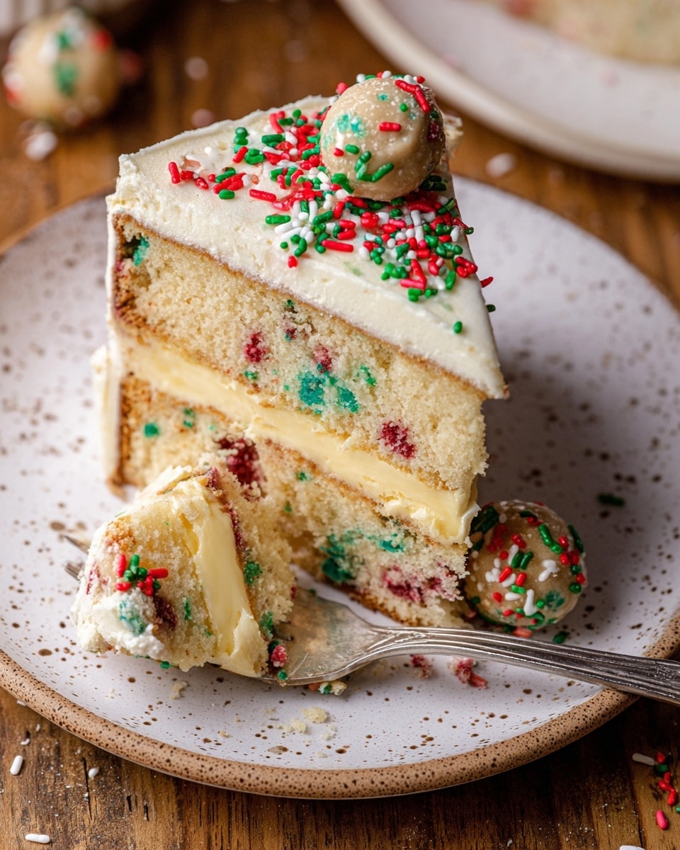 A slice of festive funfetti cake on a white speckled plate showing two thick layers: the outer layer is light brown with colorful red, green, and blue candy bits mixed in, and the inner layer is creamy yellow with the same colored bits scattered inside. The top and sides are covered in smooth white frosting with red, green, and white sprinkles decorating the side, along with small cookie dough balls that also have sprinkles on them. A silver fork is resting on the plate cutting into the bottom layer of the cake. The plate is placed on a wooden table with some sprinkles scattered around. photo taken with an iphone --ar 4:5 --v 7