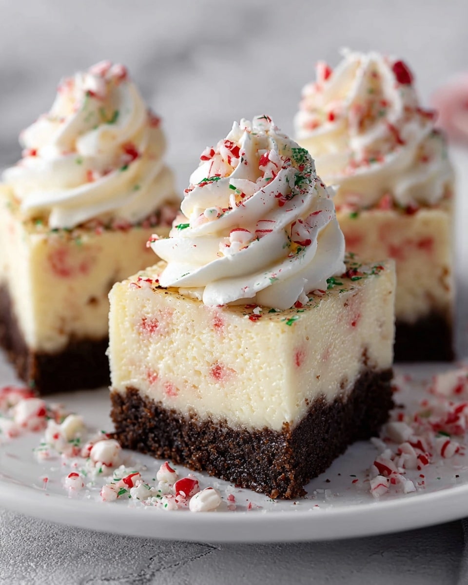 The image shows three small cheesecake slices on a white plate with a white marbled texture background. Each slice has two layers: a thick, dark brown crumbly crust on the bottom, and a creamy, light beige cheesecake layer on top with small red specks mixed inside. On top of each cheesecake slice is a swirl of white whipped cream topped with crushed red and green peppermint pieces scattered also on the plate around the slices. Photo taken with an iphone --ar 4:5 --v 7