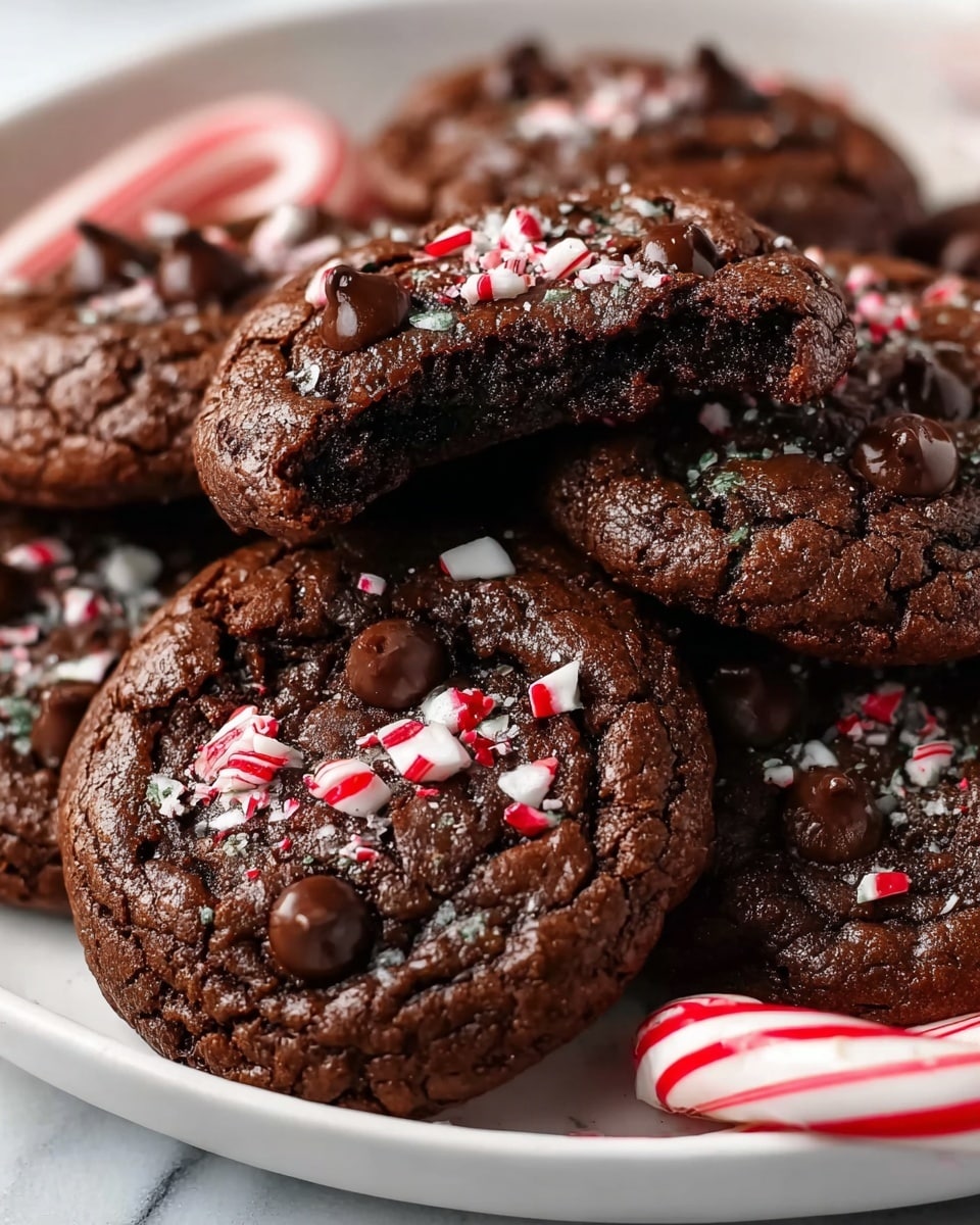 The image shows several round, thick chocolate cookies with a cracked surface and shiny texture, stacked closely together on a white plate. Each cookie has small peaks of melted dark chocolate chips on top and is sprinkled with crushed red and white peppermint candy pieces. One cookie on top has a bite taken out of it, revealing a soft, moist, and dense dark chocolate inside. A whole red and white striped candy cane rests near the cookies on a white marbled surface. photo taken with an iphone --ar 4:5 --v 7