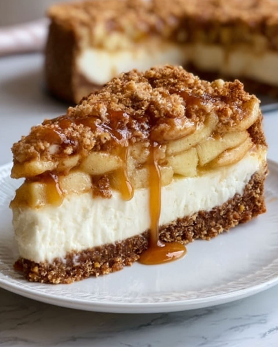 A slice of pie with three clear layers sits on a white plate over a white marble background. The bottom layer is a thick, crumbly brown crust. The middle layer is smooth, thick, and creamy white cheesecake. The top layer has soft, light brown cooked apple pieces covered by a golden brown crumbly topping with some caramel sauce drizzled over it. A blurred whole pie sits in the background. photo taken with an iphone --ar 4:5 --v 7
