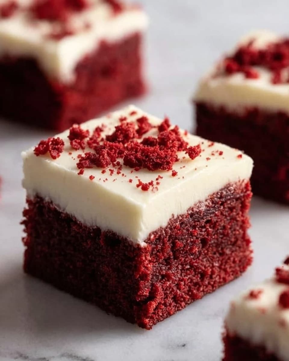 A close-up view of a square piece of red velvet cake with two visible layers. The bottom layer is a moist, deep red cake with a soft, slightly crumbly texture. On top, there is a smooth, creamy white frosting layer about one-third the height of the cake layer. Some small red cake crumbs are scattered on the surface of the frosting. The cake sits on a white marbled surface, with other similar cake pieces out of focus in the background. The lighting highlights the rich color contrast and moist texture. Photo taken with an iphone --ar 4:5 --v 7