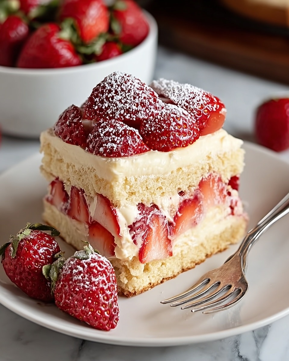 A thick slice of strawberry shortcake sits on a white plate with a silver fork to the right. The cake has three main layers: a light golden crumbly cake base, a thick creamy pale yellow custard layer embedded with fresh halved strawberries, and a topping of whole bright red strawberries dusted with powdered sugar. Some whole strawberries are placed next to the cake slice on the plate. The background shows a white bowl filled with more whole strawberries on a white marbled surface. photo taken with an iphone --ar 4:5 --v 7