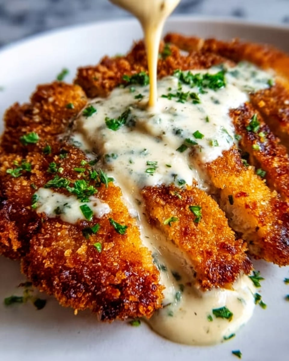 The image shows a close-up of a golden-brown crispy fried chicken cutlet sliced into thick pieces, laid on a white plate. Creamy white sauce with herbs is being poured over the top, covering the center of the cutlet, while some green chopped herbs are sprinkled on top as garnish. The crispy texture of the chicken contrasts with the smooth, thick sauce. The background is a white marbled surface. photo taken with an iphone --ar 4:5 --v 7