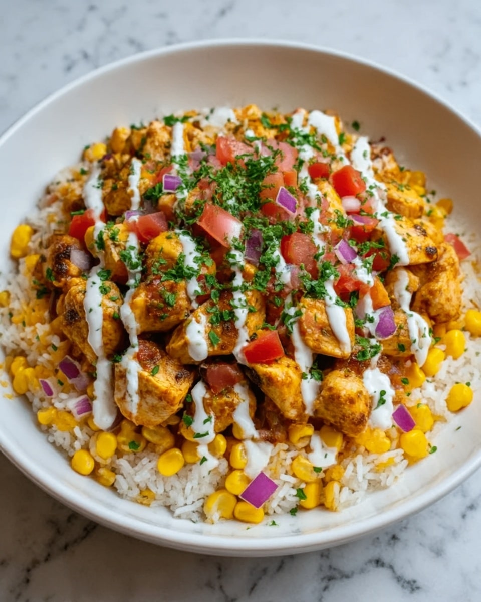 A white bowl sits on a white marbled surface, filled with a base layer of plain white rice mixed with yellow corn kernels. On top of the rice, there is a thick layer of golden-brown cooked chicken pieces that look tender and slightly crispy. Over the chicken, there are small diced red tomatoes and purple onion pieces scattered evenly. The whole dish is topped with a drizzle of white sour cream and sprinkled with fresh green chopped herbs, adding a fresh look. photo taken with an iphone --ar 4:5 --v 7