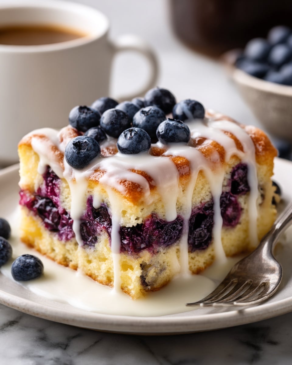 A white plate holds a square piece of blueberry pastry with three visible layers: the bottom layer is soft, light yellow cake mixed with whole blueberries; the middle layer is a thick swirl of cooked blueberries creating a dark purple band; the top layer is golden brown, slightly crispy dough topped with fresh blueberries and thick white icing drizzled down the sides. The plate sits on a white marbled surface, with a white cup of coffee blurred in the background and a silver fork resting next to the pastry. Photo taken with an iphone --ar 4:5 --v 7