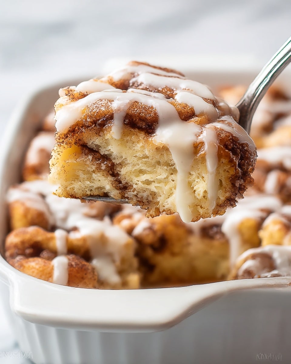 A close-up image shows a square section of cinnamon roll bread pudding being lifted by a spoon from a white ceramic baking dish. The bread pudding has a golden brown color with swirls of dark brown cinnamon visible throughout its soft, fluffy texture. White icing is generously drizzled over the top, adding a smooth, glossy contrast. The layers include the light, airy bread base, the cinnamon-spiced swirl in the middle, and the creamy icing on top. The background features a white marbled surface, giving the photo a clean and bright look. photo taken with an iphone --ar 4:5 --v 7