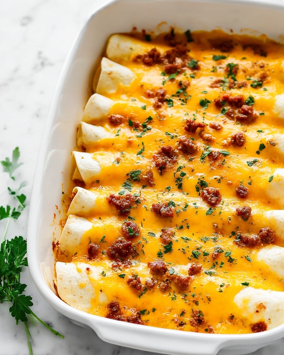 The image shows a white baking dish filled with four folded tortillas arranged side by side. Each tortilla is covered with a rich, melted orange-yellow cheese layer that looks creamy and smooth, with small brown crumbles of cooked ground meat scattered evenly over the top. Green herb pieces are sprinkled lightly across the cheese, adding contrast. The edges of the tortillas are visible under the cheese, showing a soft, white texture. The dish is placed on a white marbled surface with a small bunch of green herbs visible in the lower left corner. Photo taken with an iphone --ar 4:5 --v 7