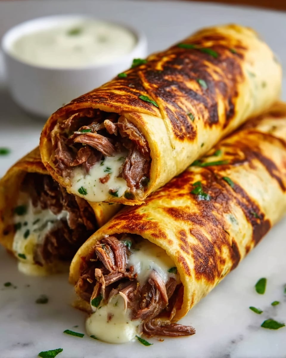 The image shows three rolled wraps stacked slightly on each other on a white marbled surface. Each wrap is golden brown with darker grill marks and filled with layers inside: shredded beef that is dark brown, melted white cheese, and bits of green herbs. The wraps have a soft and slightly crispy look. A small white bowl with a creamy white sauce is blurred in the background. photo taken with an iphone --ar 4:5 --v 7
