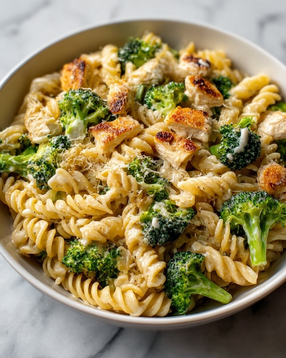 A close-up view of a white bowl filled with creamy pasta, showing about three layers of thick, light beige-colored rotini noodles covered in sauce. Scattered throughout the bowl are bright green broccoli florets with a slightly roasted texture and lightly browned grilled chicken pieces on top and mixed in, giving a golden-brown color with char marks. The bowl rests on a white marbled surface, enhancing the fresh and warm look of the dish. photo taken with an iphone --ar 4:5 --v 7