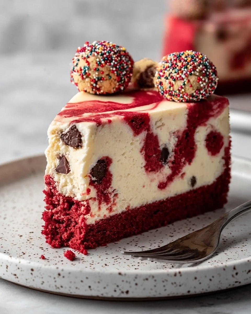 A slice of red velvet cheesecake sits on a white speckled round plate with a fork beside it. The dessert has three clear layers: a dense, crumbly deep red base at the bottom; a thick middle layer of creamy white cheesecake with swirls of rich red throughout and small dark chocolate chips embedded inside; and a smooth top layer with more red swirls. On top of the slice, two small round cookie dough balls decorated with colorful sprinkles sit close together. The background shows a soft focus white marbled texture. photo taken with an iphone --ar 4:5 --v 7