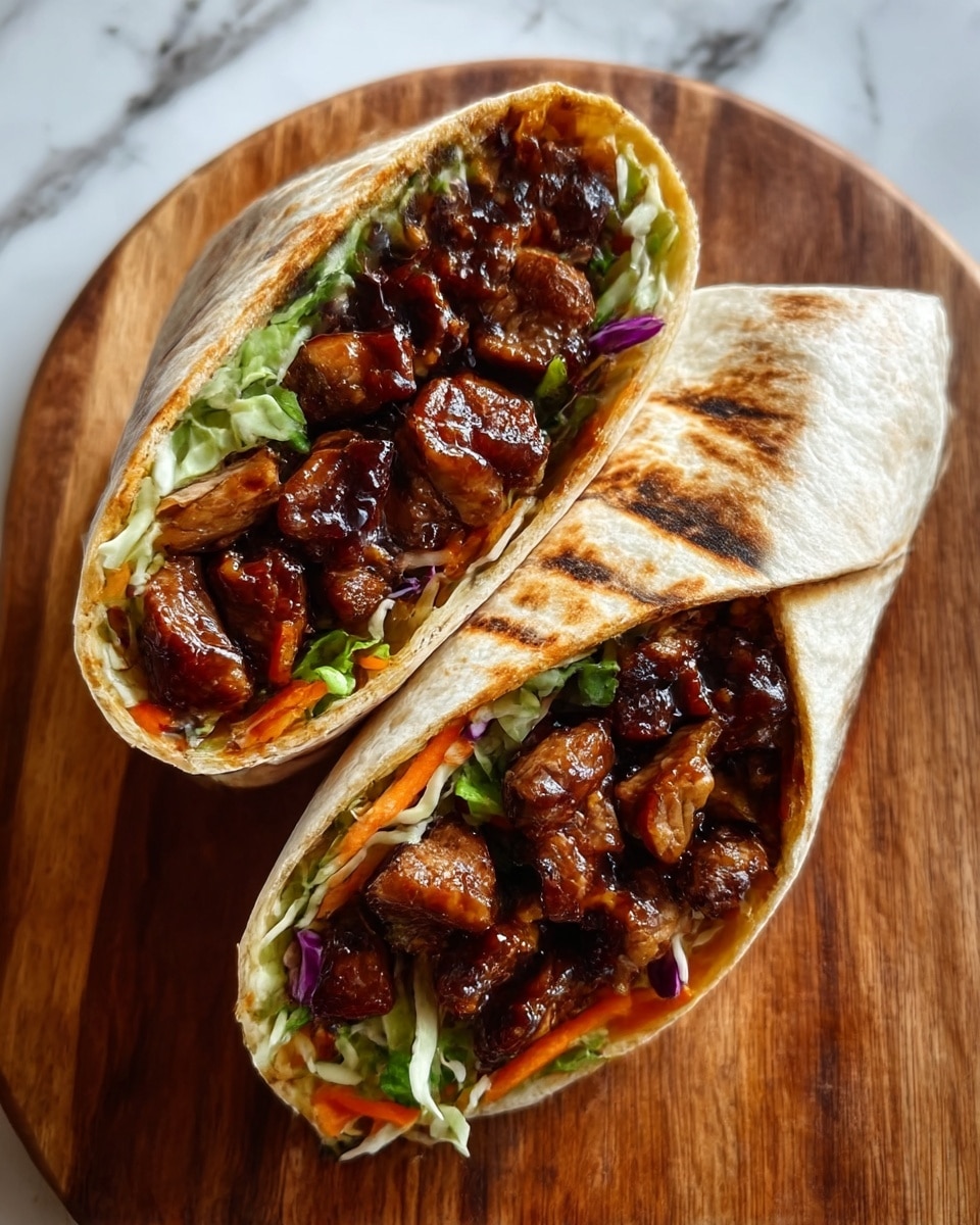 Two halves of a grilled wrap are arranged on a wooden board. Each wrap has a golden-brown, slightly crispy outer tortilla with visible grill marks on top. Inside, the first layer consists of dark brown, juicy grilled meat pieces with a glazed texture, sitting on the bottom of the wrap. Above the meat is a fresh layer of mixed shredded vegetables, including light green lettuce, thin orange carrot strips, and small bits of purple cabbage, adding a bright contrast. The wraps are cut diagonally to show the colorful, layered filling clearly. The setting includes a white marbled background. photo taken with an iphone --ar 4:5 --v 7