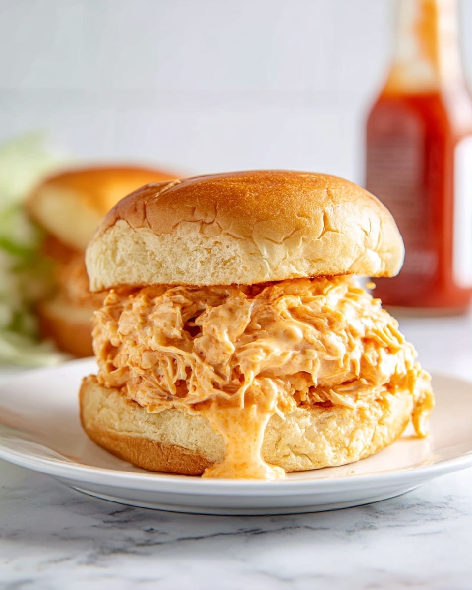 The image shows a sandwich with two soft, golden brown buns on top and bottom. Between the buns, there are two thick layers of creamy, orange-colored chicken salad mixed with shredded chicken. The chicken filling looks moist and rich, slightly oozing out from the sides of the buns. The sandwich sits on a white plate placed on a white marbled surface. The background is softly blurred with a glass bottle of red sauce visible. Photo taken with an iphone --ar 4:5 --v 7