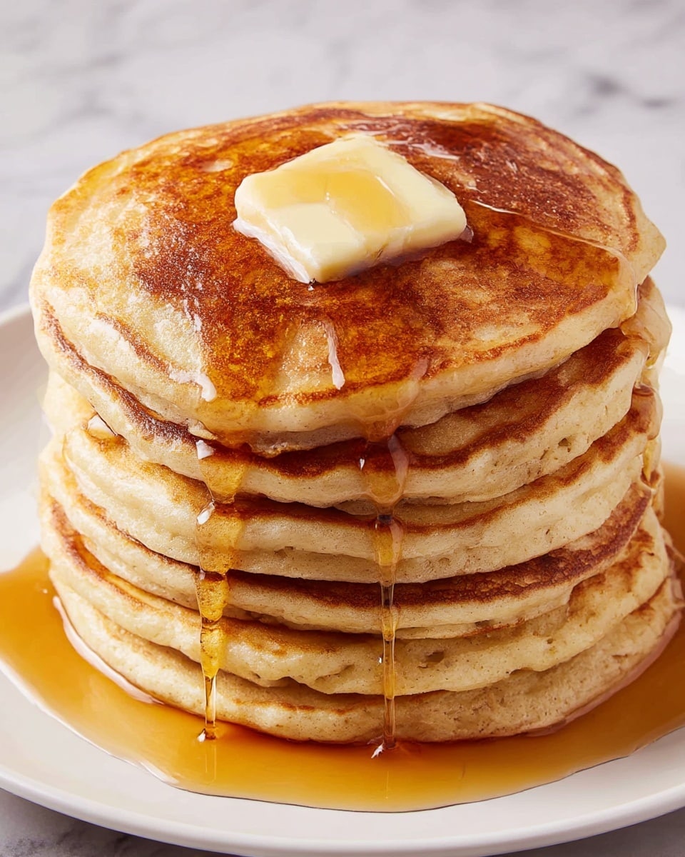 A stack of six thick, golden-brown pancakes with a slightly crispy texture on the edges sits on a white plate. The top pancake is darker with a square of light yellow butter melting slowly, surrounded by glossy amber syrup that drips down the sides of the stack in thin streams. The surface beneath the plate shows a white marbled texture, creating a clean and elegant look. photo taken with an iphone --ar 4:5 --v 7