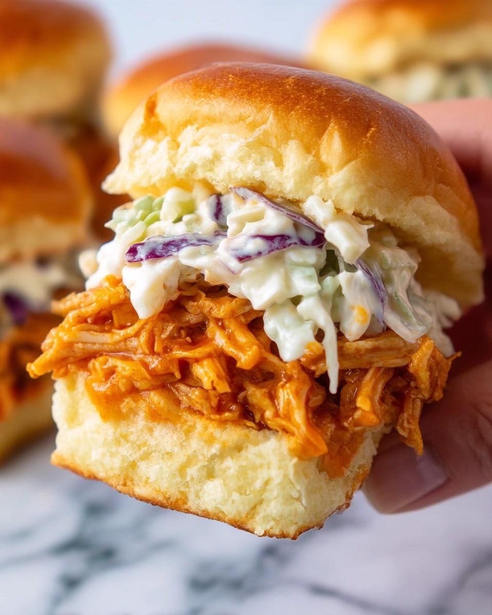 A close-up of a sandwich held by a woman's hand shows three main layers inside a soft, golden brown bun. The bottom bun layer is light and fluffy, topped with a moist layer of shredded chicken covered in a rich, orange-colored sauce. Above the chicken, there is a creamy coleslaw mix with white, pale green, and small purple cabbage pieces, with a smooth texture. The sandwich is held over a white marbled surface, with other slightly blurred sandwiches in the background. Photo taken with an iphone --ar 4:5 --v 7