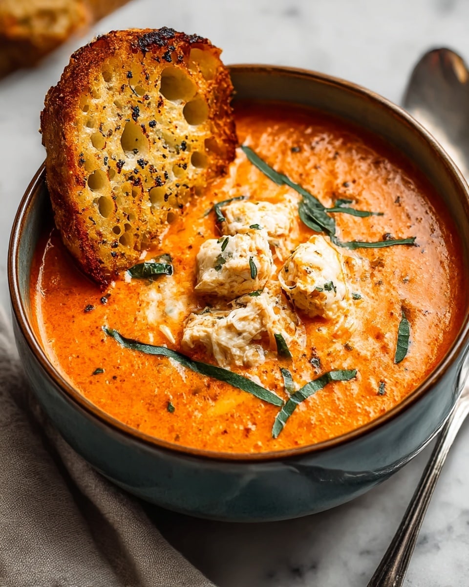 A deep bowl filled with creamy orange tomato soup that looks smooth and rich, topped with four chunky pieces of shredded chicken in the center. Around the chicken, there are thin green strips of fresh herbs scattered on the soup’s surface. On the edge of the bowl, a piece of golden toasted bread with a crisp, bubbly texture leans inside, showing crunchy coating with visible black pepper or seeds. The bowl sits on a white marbled surface with a soft-cloth napkin and a silver spoon nearby. Photo taken with an iphone --ar 4:5 --v 7