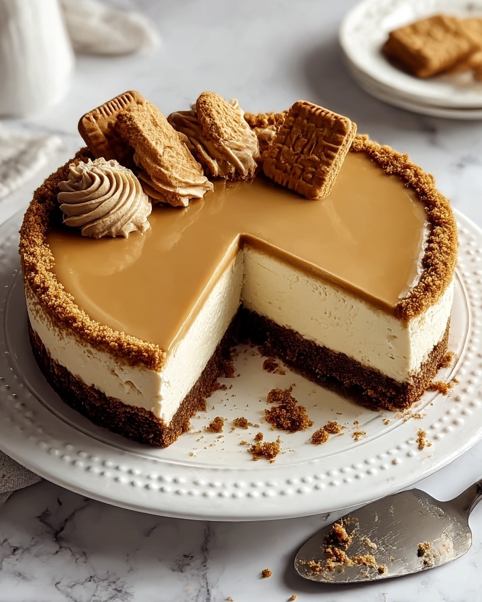 This image shows a round cheesecake with three layers on a white plate with dotted edges, placed on a white marbled surface. The bottom layer is a crumbly, dark brown crust made of crushed biscuits. The middle layer is thick, creamy, and pale beige in color, making up the main body of the cheesecake. The top layer is smooth, shiny, and light brown, covering the cheesecake completely. The edge of the cake is lined with scattered crumbs matching the crust. On top, there are three pieces of broken biscuit, one with a swirled light brown cream on it, arranged near the left side of the cake. A slice has been removed, revealing the layers inside, and there are some crumbs and a spatula beside the cake. Photo taken with an iphone --ar 4:5 --v 7