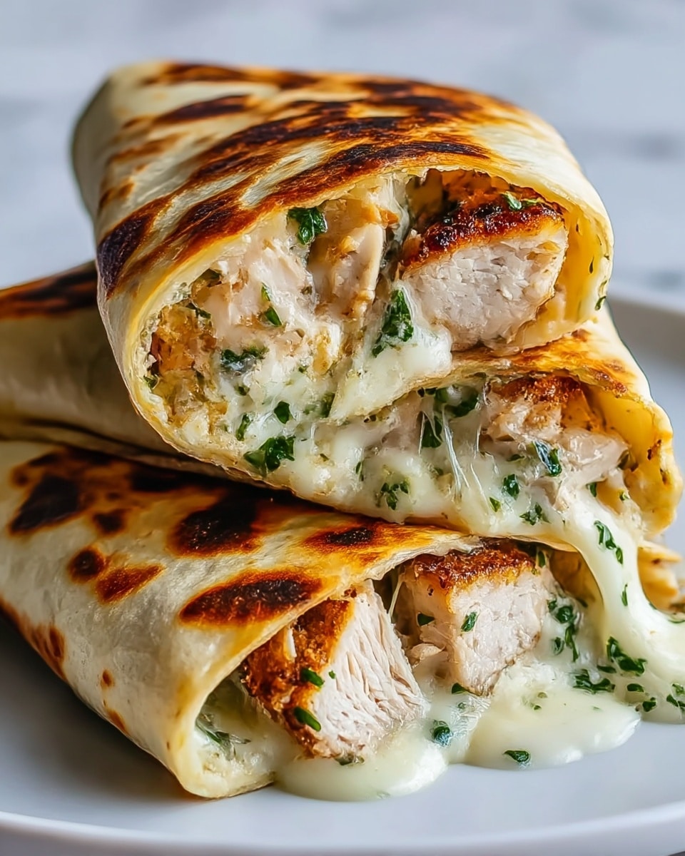 The image shows two folded tortillas stacked on a white plate against a white marbled background. Each tortilla is golden brown with char marks on the outside. Inside, there are thick chunks of grilled chicken with a crispy brown surface layered with a generous amount of melted white cheese mixed with finely chopped green herbs. The cheese is gooey and slightly oozing out from the open ends, creating a creamy texture that blends well with the chicken. The close-up shot highlights the texture of the grilled chicken and the stringy cheese. Photo taken with an iphone --ar 4:5 --v 7