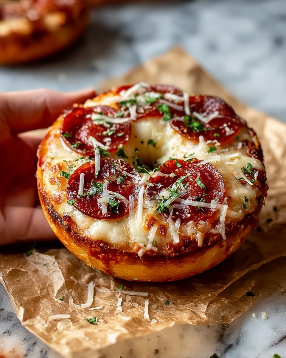 A small round pizza shaped like a bagel with three layers visible: the bottom golden brown crust that looks thick and crispy, the middle melted white cheese layer with some brown baking spots, and the top layer with dark red pepperoni slices scattered with shredded white cheese and green herb sprinkles; the pizza rests on crumpled light brown parchment paper placed on a white marbled surface, and a woman's hand is shown holding the pizza from the left side. photo taken with an iphone --ar 4:5 --v 7