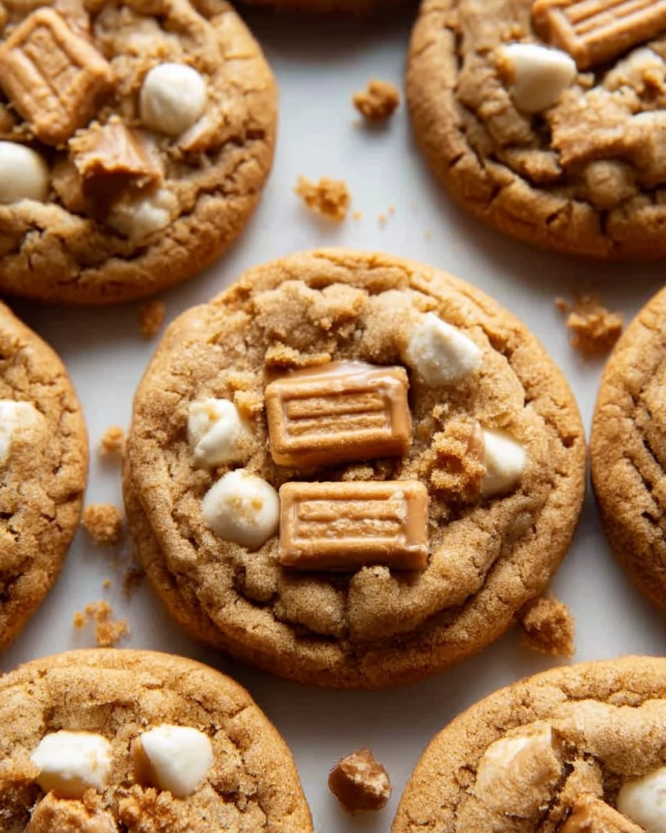 The image shows several cookies placed closely together on a white marbled surface. Each cookie has a golden brown, slightly crisp texture with visible chunks of white chocolate chips and small caramel pieces embedded on top. In the center of each cookie, there is a small rectangular biscuit piece pressed lightly into the dough. The cookies have a crumbly surface with some crumbs scattered around them, giving a fresh baked look. Photo taken with an iphone --ar 4:5 --v 7