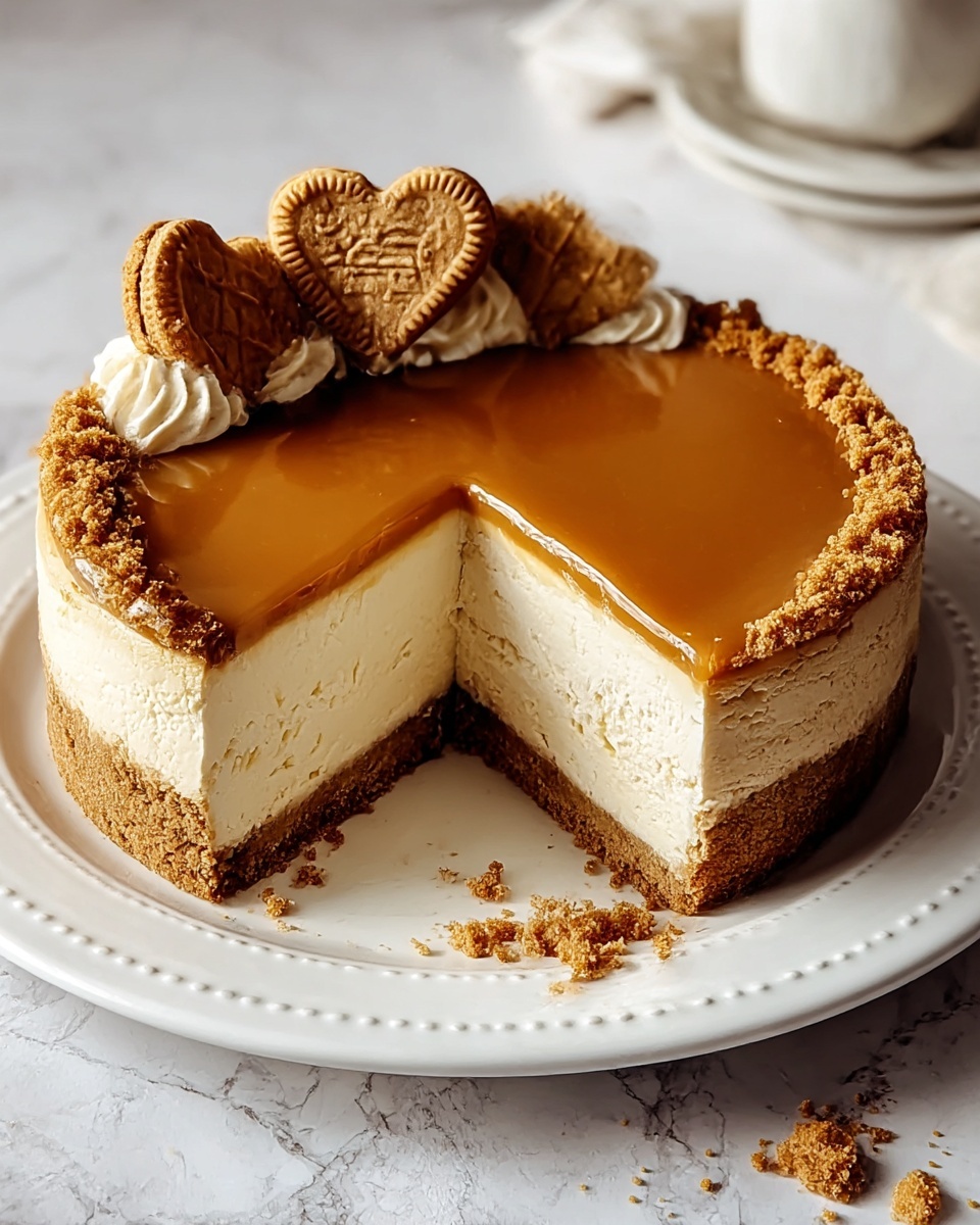 A round layered cheesecake sits on a white plate with a dotted rim, placed on a white marbled surface. The bottom layer is a thick, crumbly, light brown crust. Above it is a thick, creamy, off-white cheesecake layer that looks smooth and dense. The top layer is a glossy, caramel-colored topping spreading evenly to the edges. Around the top edge of the cake is a border of crumbled crust. On the top left side, two broken heart-shaped cookies with frosting sit, adding texture and color contrast. Some crumb pieces are scattered on the plate and near the side of the cake where a slice has been removed. Photo taken with an iphone --ar 4:5 --v 7