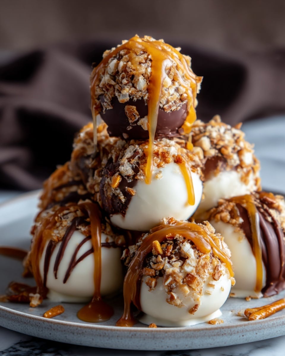 The image shows a close-up of five round dessert balls stacked in a pyramid shape on a gray plate. Each ball has a smooth layer of white and dark chocolate, covered with small pieces of chopped nuts or pretzels giving a crunchy texture. Golden caramel sauce is drizzled over the top ball and spreads slightly onto the others and the plate. The background has a soft, blurred look with a dark cloth in the back, and the setup rests on a white marbled surface. photo taken with an iphone --ar 4:5 --v 7