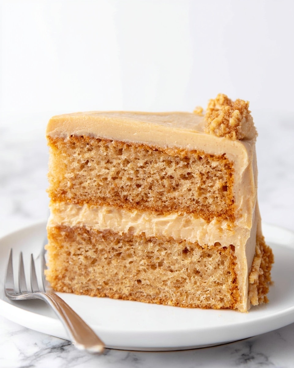 A close-up view of a two-layer cake slice on a white plate, with a light brown, moist, and fluffy texture for both cake layers. Between the layers is a medium-thick layer of creamy caramel-colored frosting mixed with a slightly crumbly and darker brown filling. The top layer is evenly covered with a smooth, light tan frosting, decorated with a few crumbles of the darker brown textured topping near the edge. The plate rests on a white marbled surface with a silver fork visible at the front. photo taken with an iphone --ar 4:5 --v 7