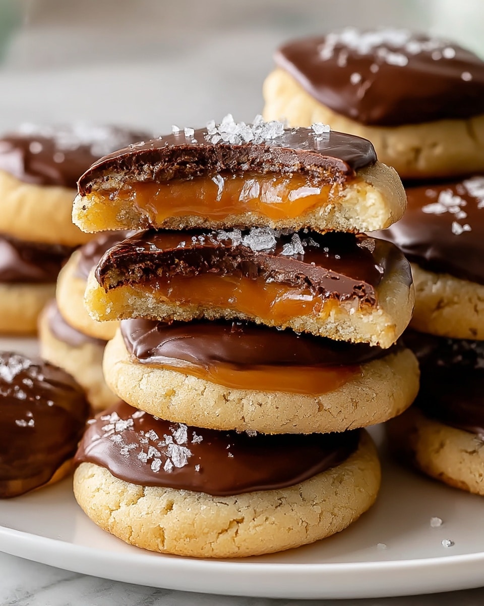 The image shows a stack of soft, golden cookies with a chewy texture, each topped with a thick layer of shiny, dark chocolate. The top cookie in the front is bitten in half, revealing a smooth, gooey caramel center sandwiched between two crumbly cookie layers. Small flakes of salt are sprinkled on top of the chocolate, adding a textured sparkle. The cookies are arranged closely together on a white plate, which sits on a white marbled surface. Photo taken with an iphone --ar 4:5 --v 7